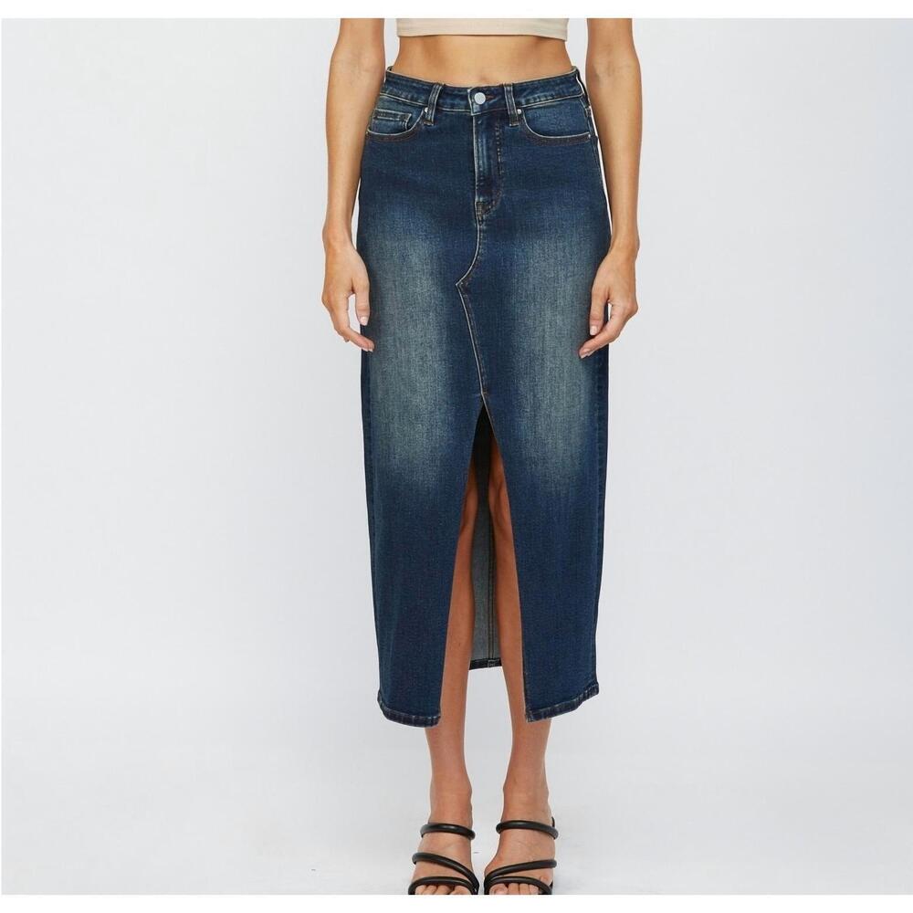 NEW MICA DENIM midi with front slit skirt in rafferty